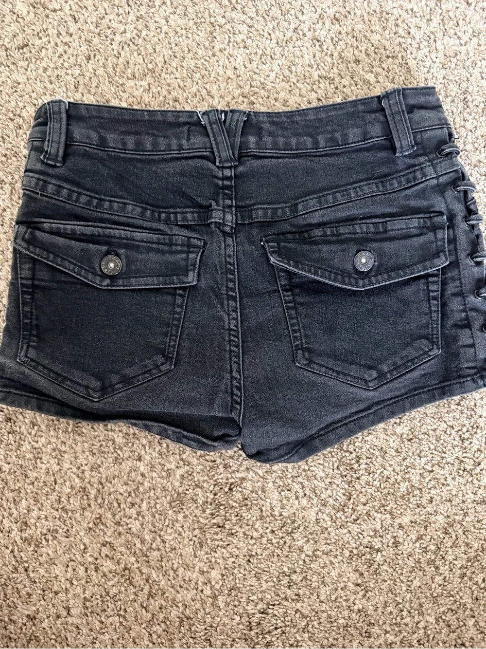 Free People High Rise Black Denim Hot Pants Button Fly Lace-Up Shorts 26